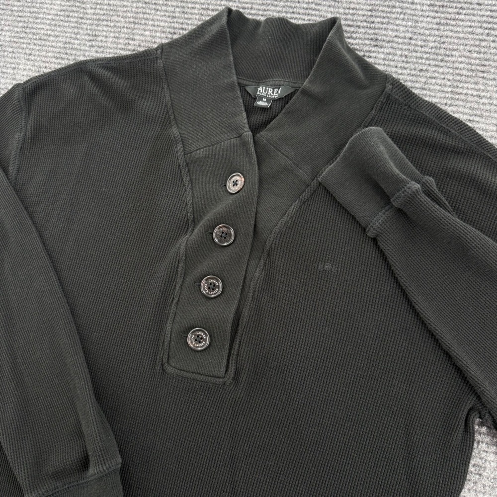 Lauren Ralph Lauren Womens M Black Waffle Knit Henley Pullover Sweater Top